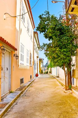 Psaromachala 'nın eski dar caddesinde yaşam evleri ve yemyeşil portakal ağaçları yan yana, Nafplio, Yunanistan