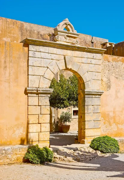 Oude Poort Binnenmuur Van Het Klooster Arkadi Moni Arkadiou Kreta — Stockfoto