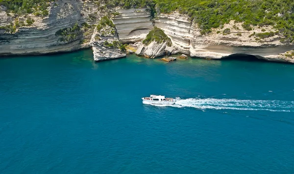 The sea trips are very popular among the tourists, visiting Bonifacio, that is famous for amazing rocky limestone cliffs, well seen from the sea, Corsica, France