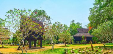CHIANG RAI, THAILAND - 11 Mayıs 2019: Tripitaka Salonu ve Konuk Evi binalarıyla birlikte 11 Mayıs 'ta Chiang Rai' de Kara Ev Panoraması (Baan Barajı) bahçesi