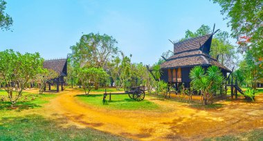 CHIANG RAI, THAILAND - 11 Mayıs 2019: Panorama of the Black House (Baan Barajı) bahçesi, yeşil yukka, rododendron ve yeşil çimenlik, Chiang Rai 'de 11 Mayıs' ta