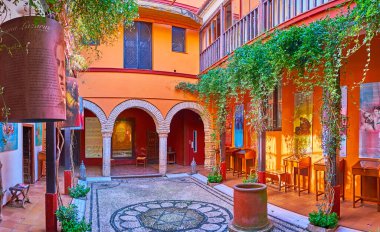 CORDOBA, SPAIN - SEPTEMBER 30, 2019: 30 Eylül 'de Cordoba' da Casa de Sefarad 'ın gölgeli atari salonu, bükülmüş yeşil bitkiler, sütunlar ve Magen David desenli küçük avlusu, Juderia (Yahudi Mahallesi),