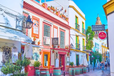 CORDOBA, SPAIN - 30 Eylül 2019: 30 Eylül 'de Cordoba' da, manzaralı ortaçağ Calle Romero Caddesi 'nin cafe, bar, dükkan ve sanat galerilerinin renkli tabelaları