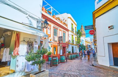 CORDOBA, SPAIN - 30 Eylül 2019: Cordoba 'da turist Calle Romero sokağı şarap evleri (şarap evleri), kafeler, el sanatları mağazaları ve hediyelik eşya dükkanlarıyla dolu
