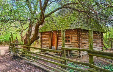 Mamajeva Sloboda Kazak Köyü, Kyiv, Ukrayna 'daki ahşap çitin arkasındaki küçük kereste hata evi.