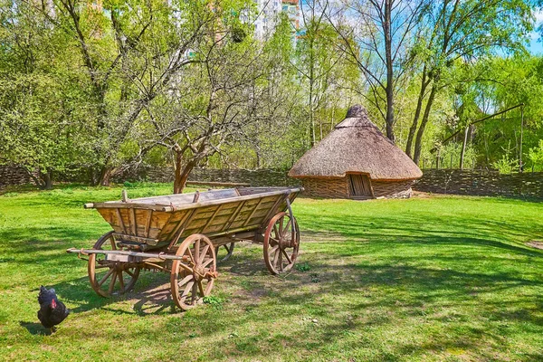 Scène Rurale Printanière Avec Une Pelouse Verte Chariot Bois Vintage — Photo