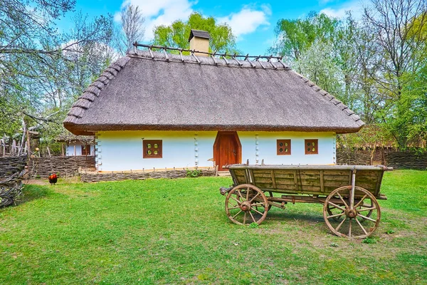 Дерев Яний Візок Фасад Традиційного Хатинного Будинку Типового Українського Майна — стокове фото