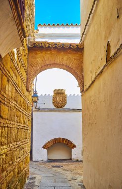 Calleja de la Luna Caddesi, Juderia, Cordoba, İspanya 'daki eski tuğla kemerinin arkasında aslanlı taş armalı ortaçağ malikanesi.