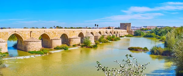Panoramisch Uitzicht Rivier Guadalquivir Met Oude Kalkstenen Romeinse Brug Puente — Stockfoto