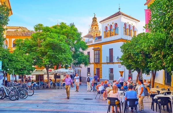 CORDOBA, SPAIN - 30 Eylül 2019: 30 Eylül 'de Cordoba' da eski malikanelerin arkasında görülen Mezquita 'nın çan kulesinin açılışı