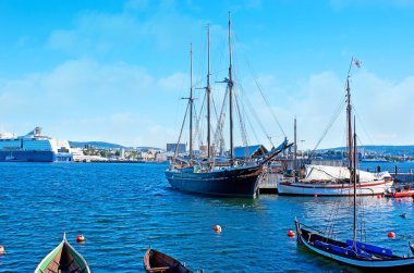 The Bygdoy harbor, facing Inner Oslofjord with moored ship and boats, Oslo, Norway