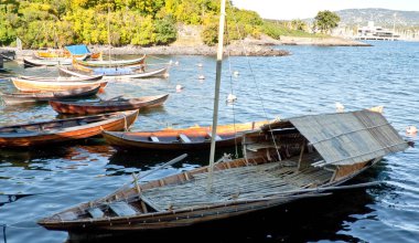 The small wooden boats in Bygdoy harbor, Oslo, Norway