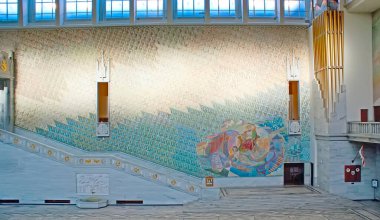 OSLO, NORWAY - SEP 28, 2010: The painting by Alf Rolfsen, depicting St Hallvard, located in the Main Hall of Radhus (City Hall), on Sep 28 in Oslo
