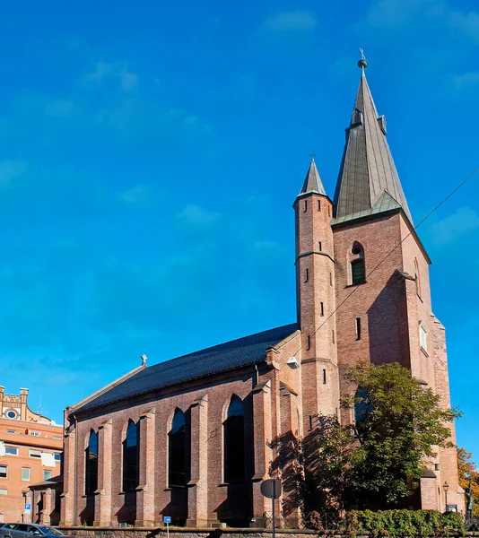 Brick Building Olav Roman Catholic Cathedral Tall Bell Tower Buttresses — Fotografia de Stock