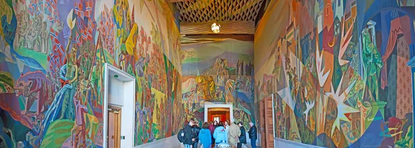 OSLO, NORWAY - SEP 28, 2010: Panorama of the Western Gallery (Storstein Room) of the City Hall with masterpiece artworks by Aage Storstein, on Sep 28 in Oslo