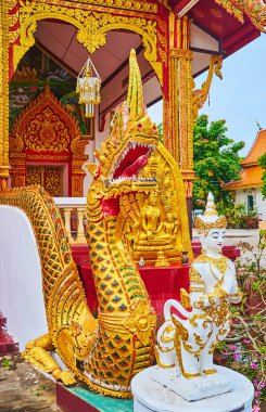Wat Sangkharam Tapınağı 'nın Ubosot girişinde yaldızlı Nagaserpent ve efsanevi yaratık - Apsonsi (Manussiha), Lamphun, Tayland