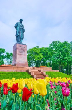 Taras Shevchenko Parkı 'nın farklı renklerde lale çiçekleriyle süslenmiş yeşil zeminleri, Kyiv, Ukrayna