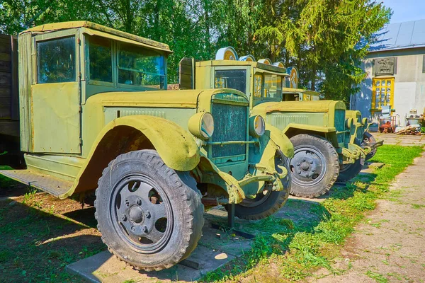 The Soviet times agricultural trucks in yard of Museum of Bread in Pereiaslav Scansen, Ukraine