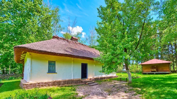 Gevel Van Traditionele Oekraïense Witgekalkte Hata Huis Bedekt Met Rieten — Stockfoto