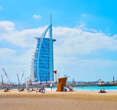The view from the sand public beach on the luxury Burj Al Arab, Dubai, UAE