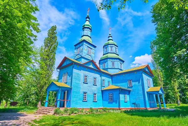 乌克兰Pereiaslav Scansen 一座风景如画的蓝色木制圣乔治教堂 钟楼高耸 墙壁上装饰着黄星 — 图库照片