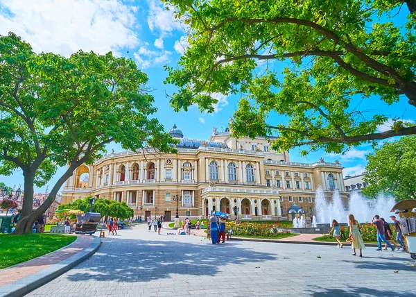 Odessa Ucrânia Junho 2021 Parque Verde Fonte Canteiros Flores Rosa — Fotografia de Stock