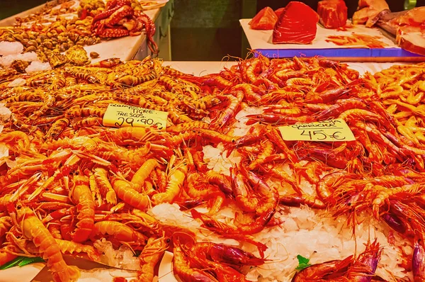 Mercado San Agustin, Granada, İspanya 'da sergilenen kırmızı ve kaplan karidesler.