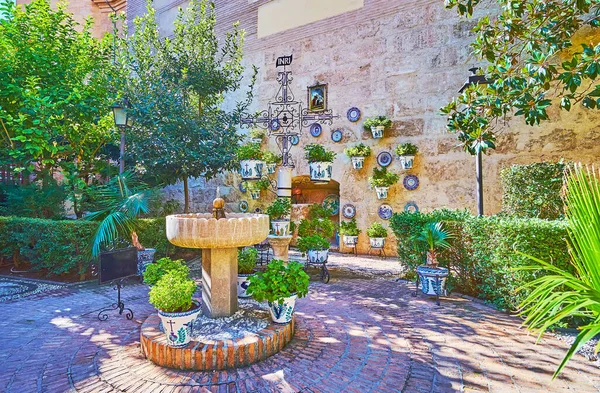 Drinking Fountain Flowers Colorful Ceramic Pots Garden San Juan Dios — Stock Photo, Image