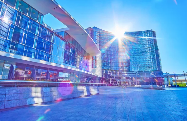 MILAN, ITALY - APRIL 9, 2022: Piazza Gae Aulenti square with modern office buildings, on April 9 in Milan, Italy
