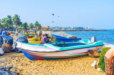 Sabahın erken saatlerinden itibaren balıkçılar balıkçılıklarını yerel pazarda, Negombo 'da, Sri Lanka' da satmak için her gün denize gidiyorlar.