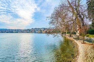 Göl kenarındaki çınar ağaçlarıyla Lugano Gölü manzarası, Lugano, İsviçre