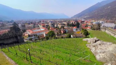İsviçre Bellinzona 'daki Castelgrande kalesinin yamaçlarındaki küçük üzüm bağlarının manzarası.