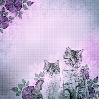 Eski illüstrasyon, yavru kedi ve çiçekler, Menekşe