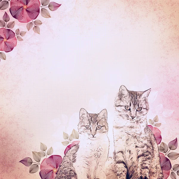 Eski illüstrasyon, yavru kedi ve çiçekler, krem