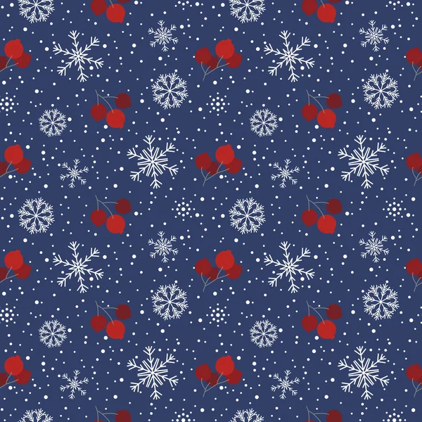 Christmas Seamless Pattern Branches Red Berries Snow Snowflakes Blue Decorative — Stock Photo, Image