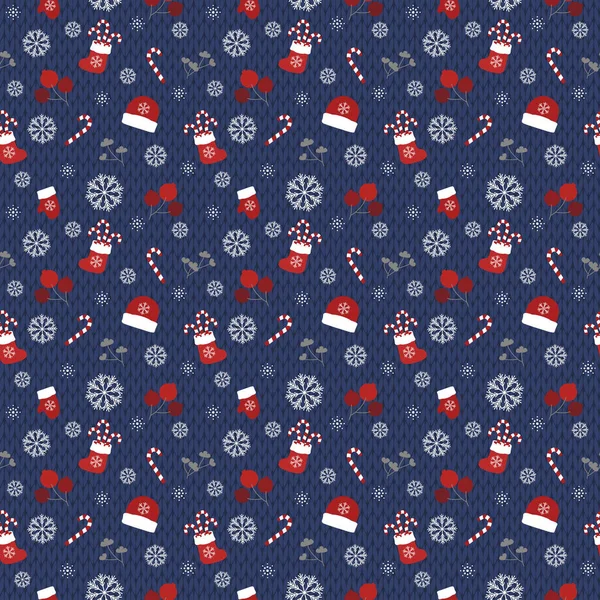 Çizmeler ve şekerler, eldivenler, şapkalar, böğürtlenler, dallar ve kar taneleri, mavi. Noel, örgü sırtında pürüzsüz bir desen. Çeşitli ürünleri yazdırmak için dekoratif arkaplan.