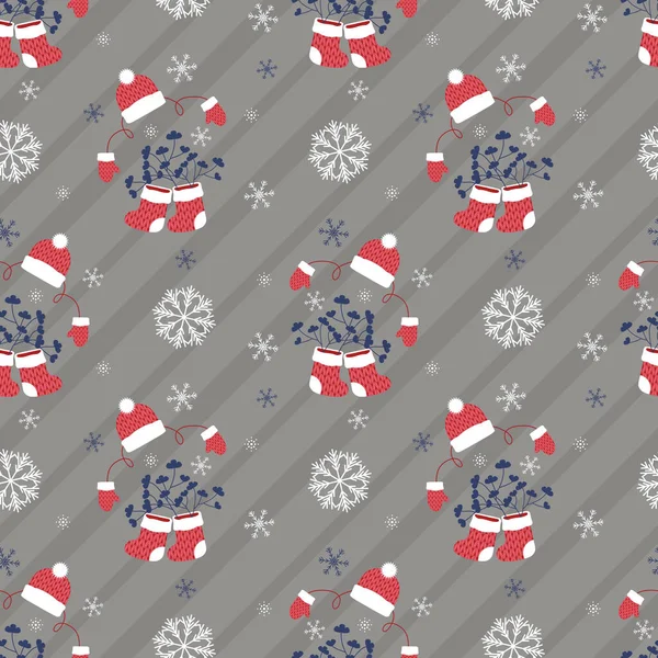 ミトン グレーのブーツで目に見えない新年のシルエット 縞模様の斜め後ろにクリスマス シームレスなパターン 様々な商品に印刷するための装飾的なお祝いの背景 — ストック写真
