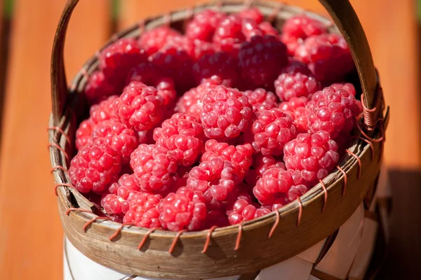 Verse frambozen in een mand op houten tafel — Stockfoto