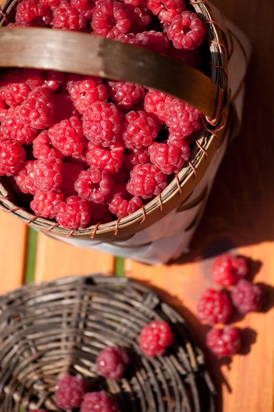 Verse frambozen in een mand op houten tafel — Stockfoto