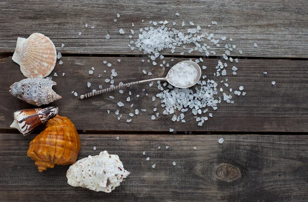 Krystaly soli mořské v stříbrnou lžičkou — Stock fotografie