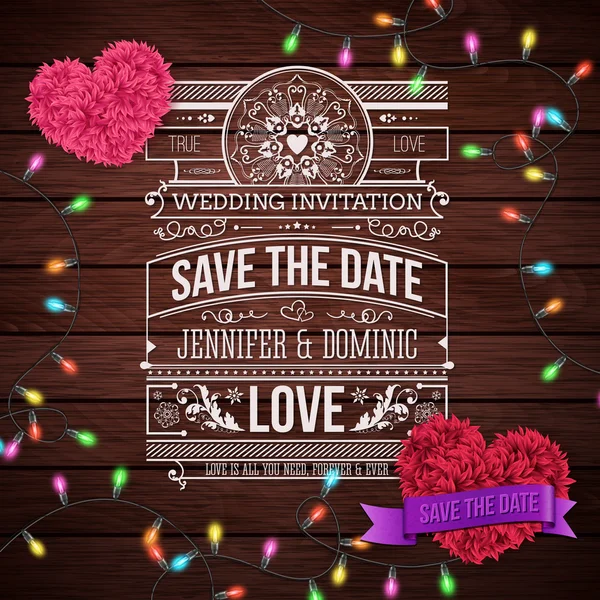 Conception d'invitation de mariage sur fond en bois — Image vectorielle