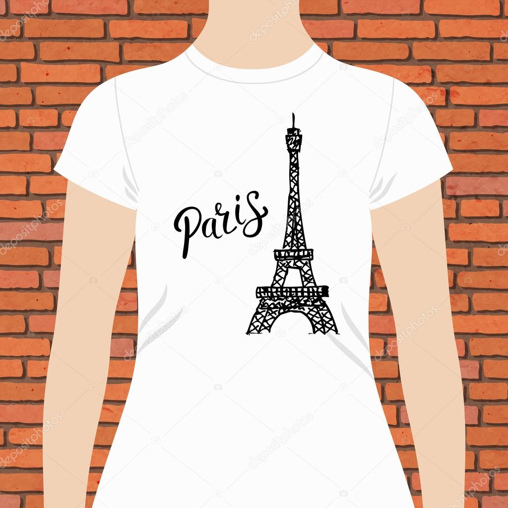 White Woman Shirt with Paris Text and Eiffel Tower
