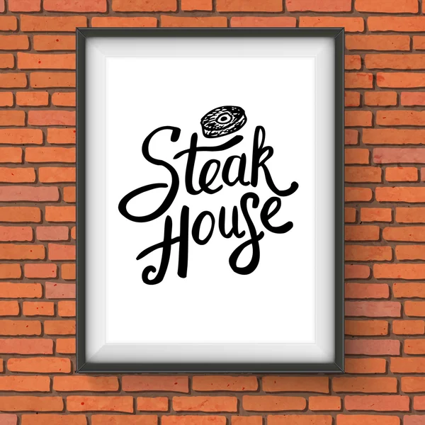 Steak House Restaurant Sign Hanging on Brick Wall — Stock Vector