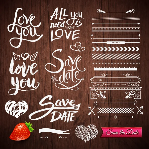 Love Texts, Borders, Symbols on Wooden Background — Stock Vector