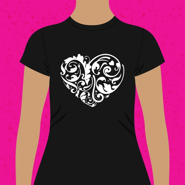 Dekoratif foliate kalp t-shirt tasarım şablonu — Stok Vektör