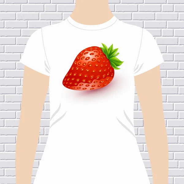 Fun t-shirt design with a luscious ripe strawberry — Stock Vector