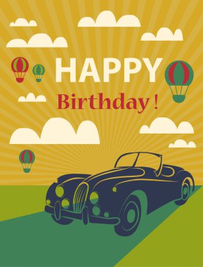 mutlu doğum günü kartı retro araba ve sıcak hava balonları