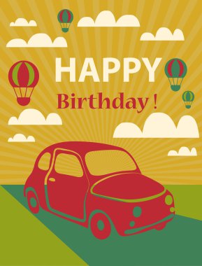 mutlu doğum günü kartı retro araba ve sıcak hava balonları