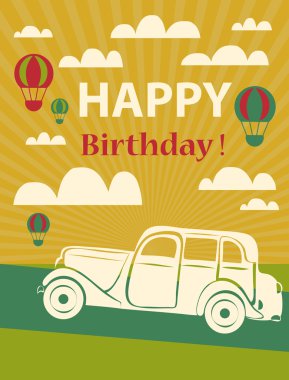 mutlu doğum günü kartı retro araba ve sıcak hava balonları