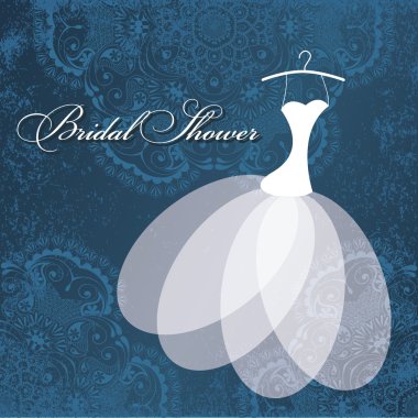 Beautiful invitation card with wedding dress on hanger clipart